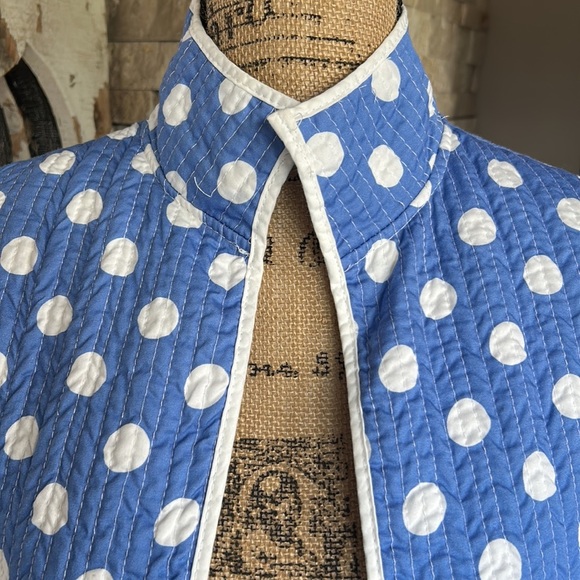 Patty Kim blue with white polka dots quilted roll sleeve open front jacket - Picture 2 of 16